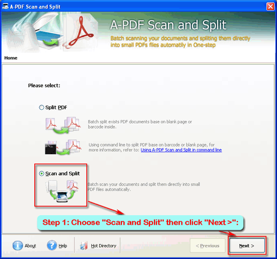 a-pdf scan and split step 1